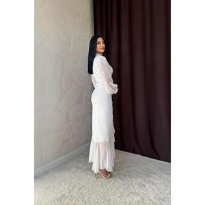 Robe de soirée élégante en mousseline blanche, coupe fourreau, col montant, taille naturelle, avec superposition transparente et manches longues - Product Image 1