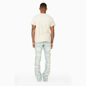 DiZNEW New Arrival Vintage Slim Fit Stylish Cotton Blue Color Skinny Flared Customize Logo Men Distressed Denim Jeans