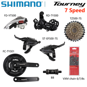 Groupe Shimano Tourney <span class=keywords><strong>VTT</strong></span> 7 vitesses comprenant un levier de vitesses EF500 ou M315, un dérailleur arrière TY300, une <span class=keywords><strong>cassette</strong></span> TZ500 28T 34T, une chaîne VXM, TY301 - Product Image 1