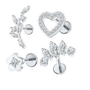 حلق من الفولاذ المقاوم للصدأ مقاس 16G بتصميم زهرة مع حجر زركونيا مكعب على شكل قلب متدلي للثقب الداخلي في الأذن - Product Image 1