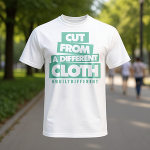 T-shirt blanc avec imprimé vert Seafoam, coupé à partir d'un tissu de conception différente, vêtement promotionnel - Product Image 3