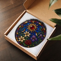 Attrape-soleil vintage en vitrail, décoration de fenêtre en mosaïque rubis-cobalt antique, ornement artistique en verre