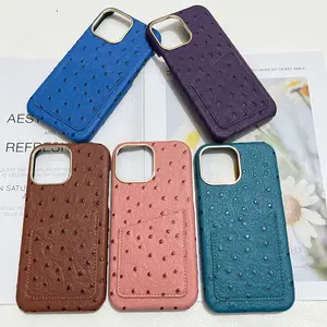 Luxury Animal Ostrich Pattern Soft leather card Case For iPhone 14 11 12 13 15 Pro Max metal camera protector