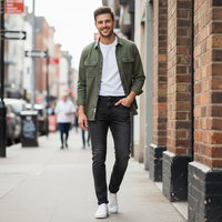Jean slim homme taille mi-haute extensible, coupe crayon, délavé vintage foncé, effet usé, avec broderies et détails rivets, Hiver ODM