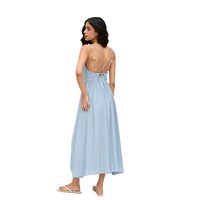 Gaun Maxi Biru Muda Elegan untuk Wanita, Seksi dengan Punggung Terbuka, Tanpa Lengan, Kerah V, Model A-Line, Gaun Panjang untuk Musim Panas, Pakaian Pantai