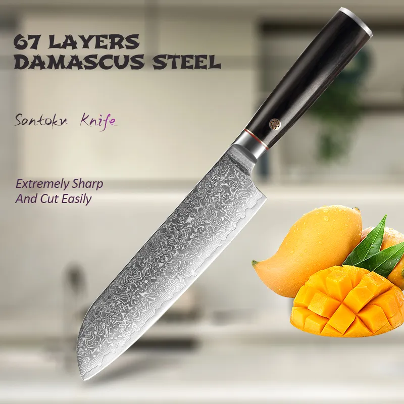 Custom Logo 7 Inch Damascus Steel Santoku Knifes Japanese Chef Knife With Pakka Wood Handle