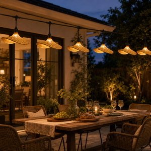 Guirnalda de Luces E27 para Exteriores con Pantalla de <span class=keywords><strong>Campana</strong></span> de Mimbre, Guirnalda de Luces Personalizada con Cable para Jardín, Cafetería, Decoración de Eventos - Product Image 1