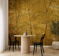 Papier peint vintage brun doré, papier peint forêt, papier peint personnalisé avec branches d'arbres, feuilles vertes, papier peint botanique pour salon, villa, hôtel
