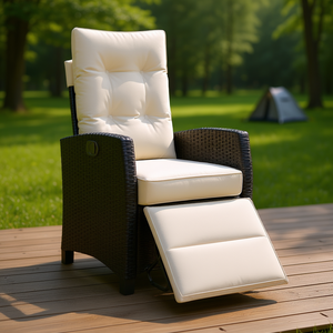 Chaise de patio inclinable en polyrotin noir avec repose-pieds, coussin crème, chaise de jardin d'extérieur, style contemporain - Product Image 2