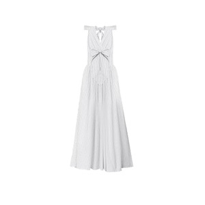 Vestido largo de pana con cuello halter y cuello en V a rayas francesas para mujer, transpirable, con lazo cruzado, corte en A, para verano, con lazo, cintura natural, ideal para club. - Product Image 5