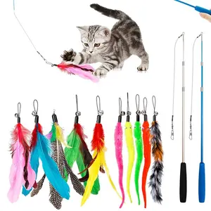 벨 리필이 있는 2PCS 개폐식 고양이 지팡이 장난감 및 10PCS 고양이 깃털 장난감, 대화형 고양이 장난감