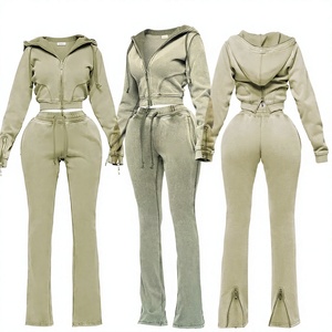 French Terry Zip up Hooded Jacket Pants Custom Vintage Acid Wash Blank Two Piece <b>Sweatpants</b> and Crop Hoodie <b>Women</b> Set's - Product Image 1