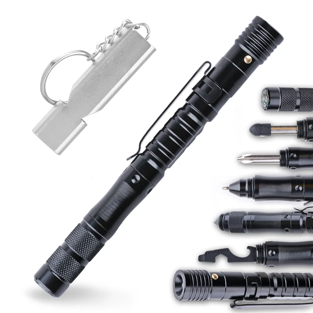 Amazon hot selling 12 in 1 multi function tactical pen with flashlight whistle phone holder compass and survival tool