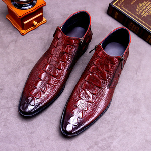 Custom Men's High-Top Leather <b>Shoes</b> with Alligator Pattern Zipper, Warm Martin Boots, Genuine Leather Ankle Boots - Product Image 3
