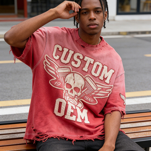 T-shirt pour homme en coton 100% avec broderie appliquée, effet usé, impression personnalisée OEM, coupe ample, épaules tombantes, style streetwear - Product Image 1