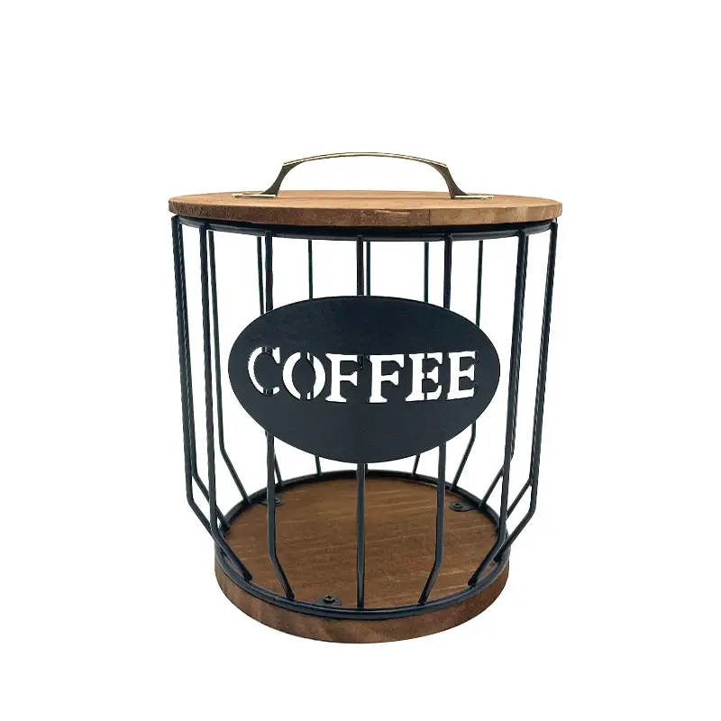 Большая емкость, черная проволочная корзина для хранения с деревянной основой, аксессуары для кофейного бара, держатель кофейных капсул с деревянной крышкой