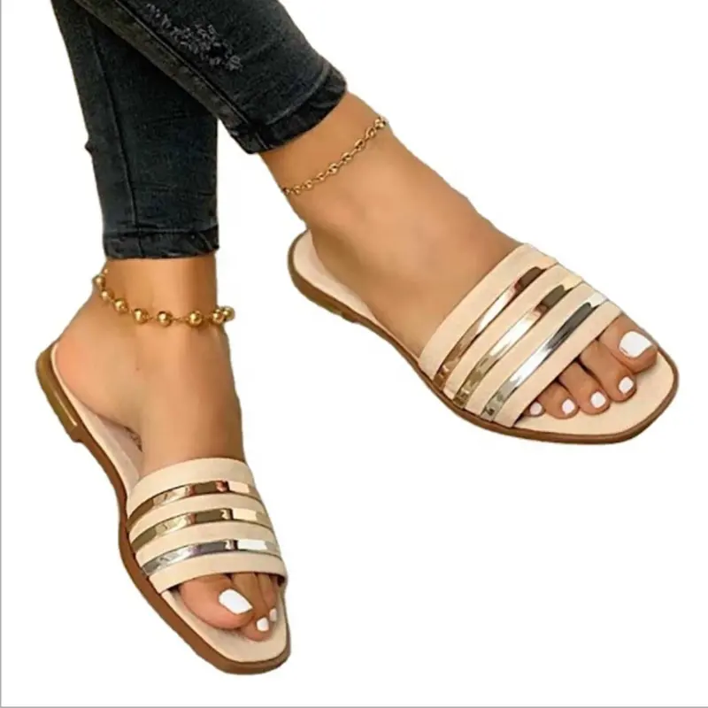 Fashion Square Toe Metal Feeling Stripe Womens Sandal Comfortable Ladies Summer Sandals And Slippers Womens Shoes Flat Sandals