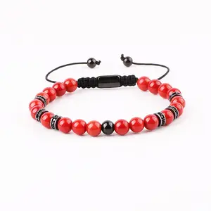 New Design Natural Stone 6mm Red Coral Beads CZ Spacers Adjustable Handmade Braided Rope Gemstone Bracelets JBS12529