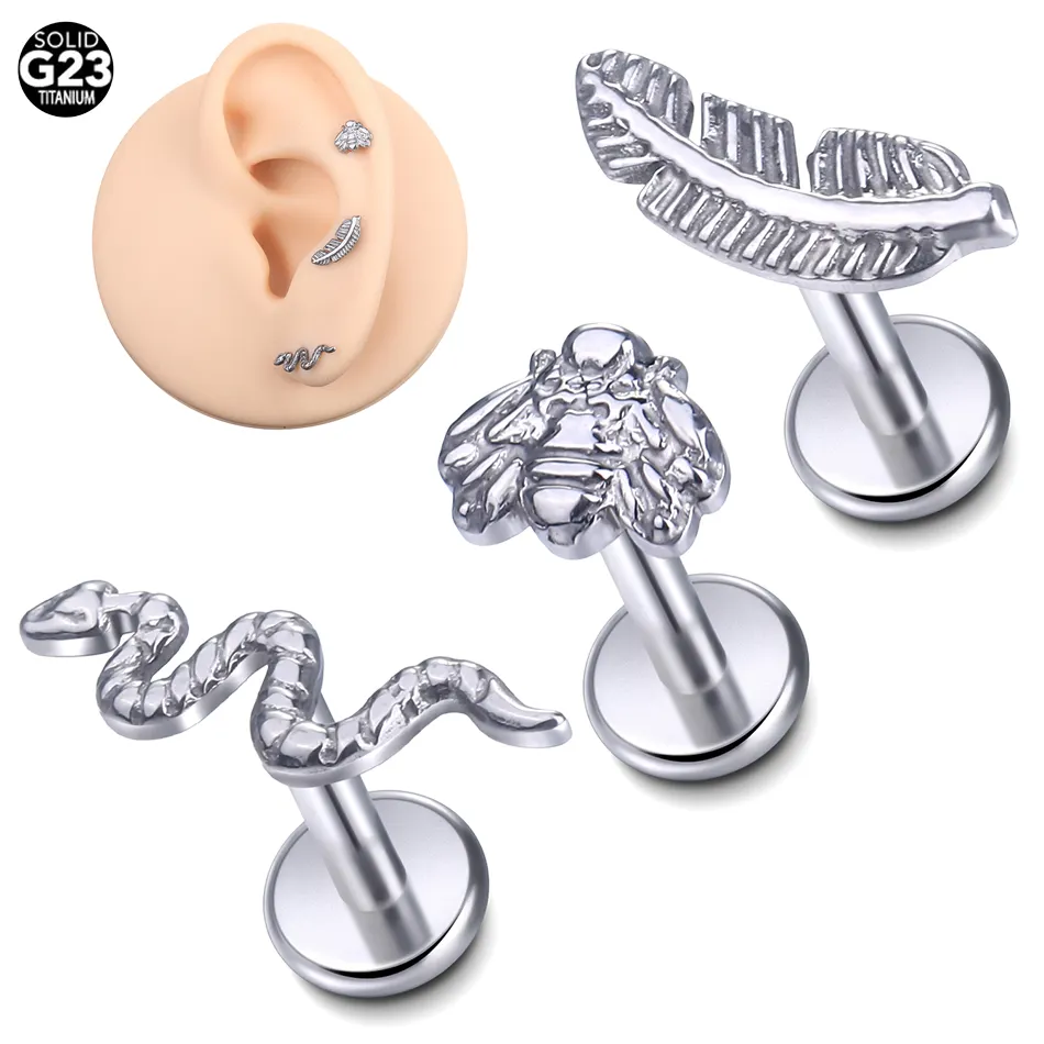 Implant Grade Titane Filetage Interne Surface Piercing Serpent Labret Goujons Lèvres Piercing Bijoux Pour Cartilage Oreille Lèvre