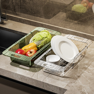 Extendable <b>Drain</b> Basket For Kitchen Sink Vegetable Washing Dish <b>Rack</b> With Storage Tray Transparent Emerald Green Square Shape - Product Image 1