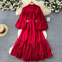 Robe décontractée élégante pour femme, rouge, coupe trapèze, manches longues bouffantes, ceinturée, ourlet à volants, pour le quotidien, les fêtes et les vacances