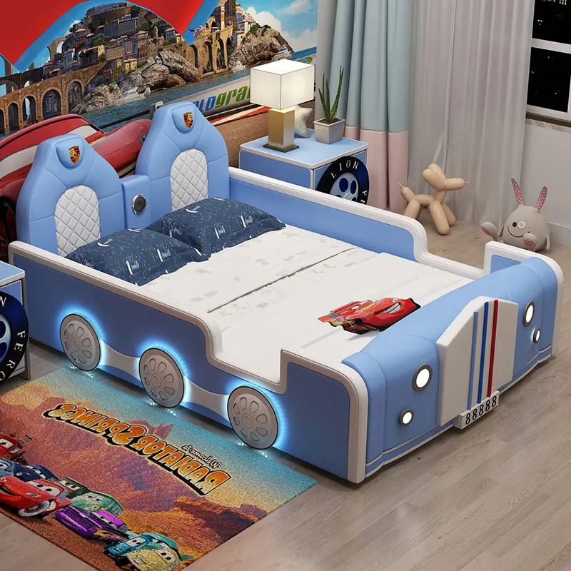 Blau leuchtet enfant jungen kinder bett mädchen rosa kinder schlafzimmer möbel sets moderne design Kind auto leder bett mit licht lautsprecher