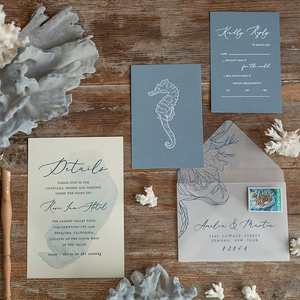 Invitación de Boda de Lujo en Papel Náutico Azul Polvoriento con Diseño de Caballito de Mar, Estrella de Mar, Coral y Concha, Sello de Cera e Impresión Personalizada - Product Image 5
