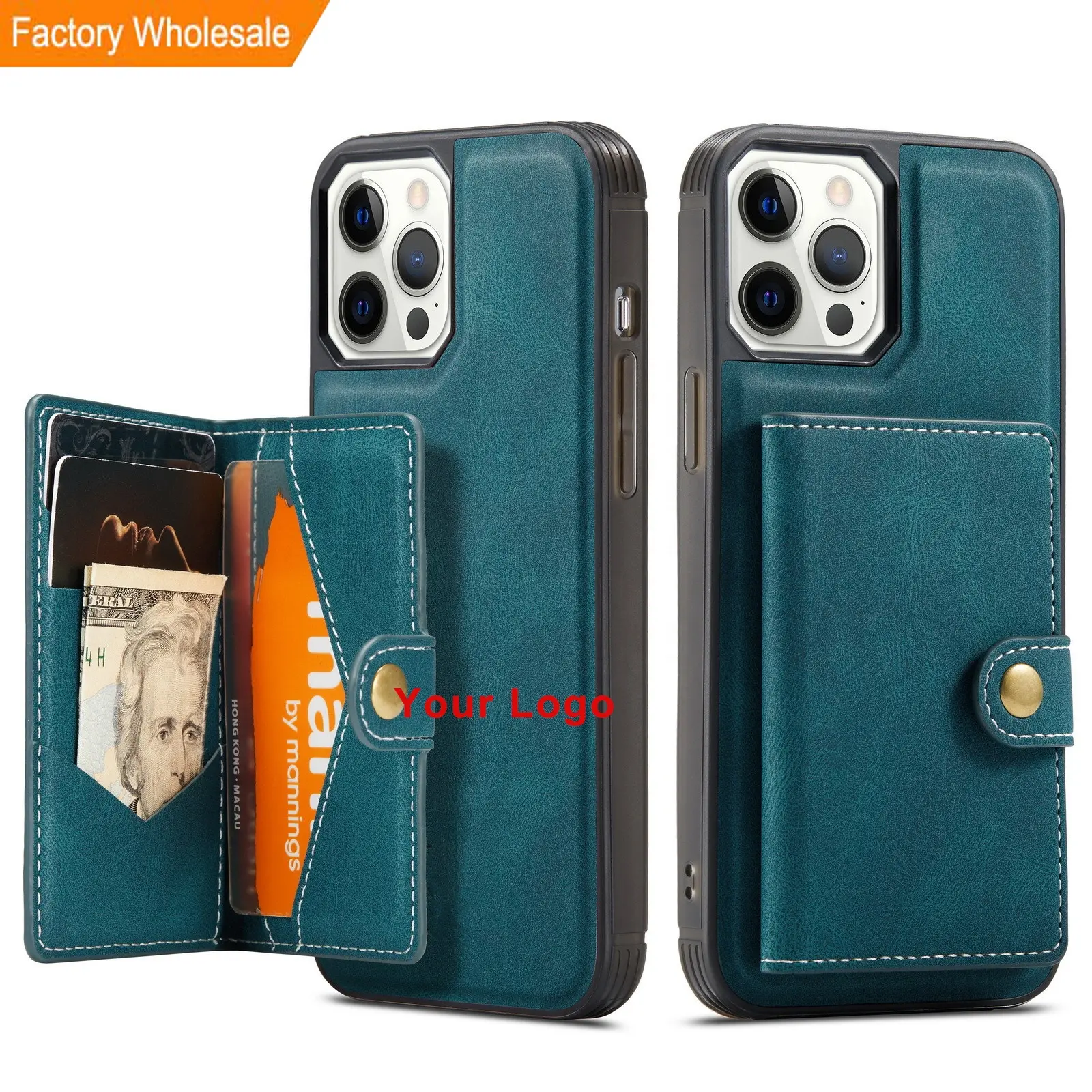 Protective Leather Case with Detachable Back Card Holder for iPhone 12 13 14 Pro Max Mobile Phone Wallet Case for Samsung S23