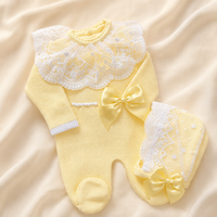 Combinaison bébé en coton personnalisée Kaiyue, tricotée, pour nouveau-né fille, tenue de baptême, bonnet en dentelle, nœud perlé, ensemble élégant et mignon