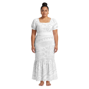 Robe décontractée pour femme, motif tribal polynésien samoan tropical, style hawaï<span class=keywords><strong>en</strong></span>, col carré, coupe sirène, blanche, Sunday - Product Image 6