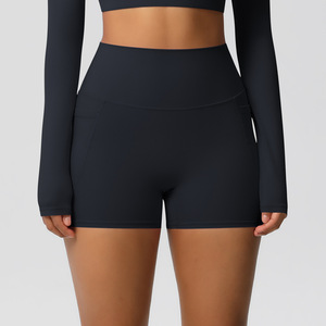 Wholesale Women High Waist Yoga Shorts Side Phone Pockets Peach Butt Lifting <b>Nude</b> Soft Gym Running Biker Shorts OEM ODM - Product Image 2