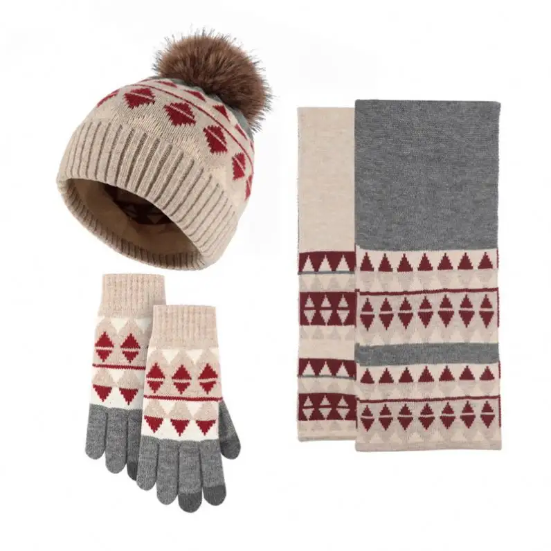 Grosir Wanita Pria 3 buah Set akrilik topi kupluk rajut musim dingin dengan syal dan sarung tangan Set dengan Label Patch kulit