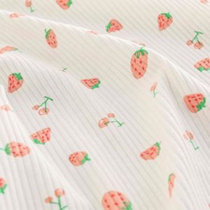 Tela de punto acanalado ancho para costura de ropa de bebé y vestido de niñ<span class=keywords><strong>a</strong></span>, Material elástico con patrón de fresa - Product Image 1