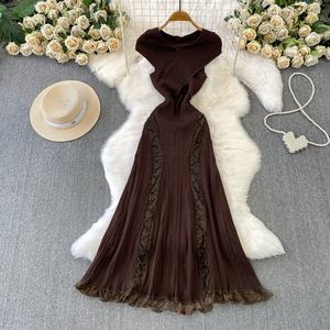 Abito Sexy Traforato con Scollo a V Senza Maniche in Maglia per Donne, Patchwork in Pizzo, Vita Stretta, Elegante Gonna Lunga a Coda di Pesce - Product Image 2