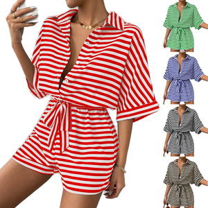 Women Striped Short Sleeve Jumpsuit With Belted Waist Turn-<b>down</b> Collar Loose Fit Above Knee Casual Beach Wear Spring Summer - Product Image 1