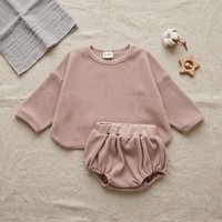Ensemble de vêtements pour bébé en tricot gaufré, 95% coton, 5% élasthanne, haut à manches longues et bloomers pour tout-petits, tenue 2 pièces, 73-100 cm