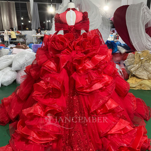 Mc056 Ruby Red Glitter Organza Party Dress Boat Neck Beaded Fringe Shoulder Ruffle Sequin Embroidered <b>Ball</b> <b>Gown</b> <b>Vintage</b> Chapel - Product Image 3