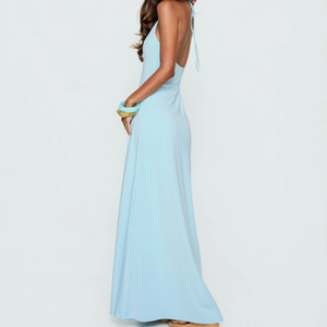Elegante Vestido Maxi Azul Claro con Cuello en V y Tirantes Finos, Sin Mangas, Corte Holgado, Color Sólido, para Fiestas de Verano, Tejido Transpirable - Product Image 2