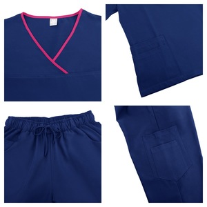 Women Scrub Set Blue V-Neck Short Sleeve With Pink Trim Moisture Wicking Hospital Uniforms - Product Image 2