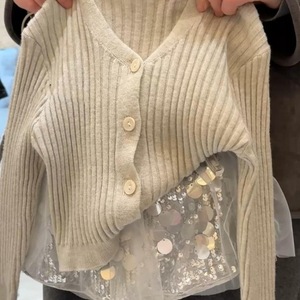 Tongxingyuan Girls Knitted Cardigan With Sequined Skirt Spring Outfit Set Cotton Solid Color Kids Clothing - Product Image 2