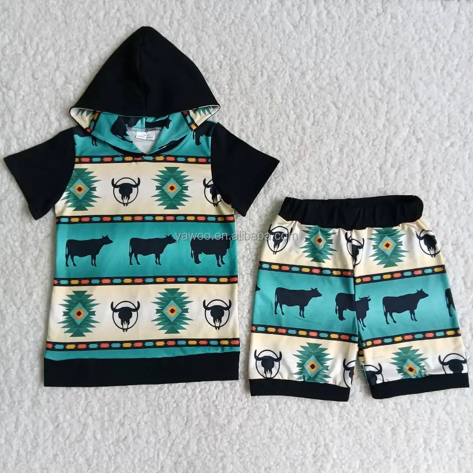 Fashion design no moq aztec pattern kids boys' clothing hoodie summer children shorts set baby boys western outfits