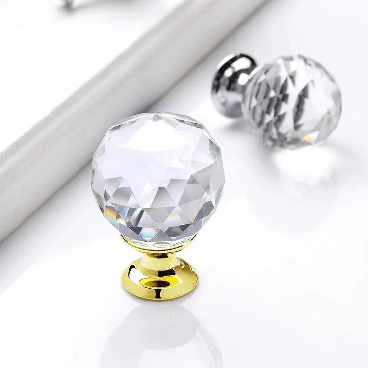 Современная прозрачная стеклянная ручка для шкафа с хрустальным шариком, Серебряная Золотая основа, алмазные мебельные ручки