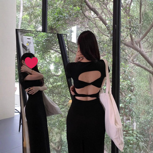 Sexy Backless Bodycon Dress Black Solid Color Long Skirt Evening Wear - Product Image 1