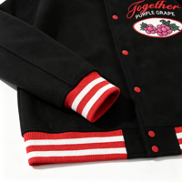 Blouson de baseball vintage noir pour homme, style preppy oversize, broderie graphique raisin, rayures rouges, veste bomber universitaire