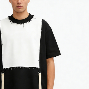 T-shirt en coton pour homme grande taille, épaules tombantes, manches courtes, épais, patchwork, bretelles à franges, coupe oversize, style streetwear, logo personnalisé - Product Image 5