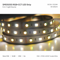Bande LED WISMART 12V 24V SMD5050 RGB CCT 5 en 1, 60 LED/m, 12 mm, 5 m, 14,4 W, IP20, blanc réglable, éclairage multicolore pour décoration intérieure