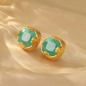 Wholesale Retro Luxury High-End Geometric Square Earrings Women Copper Genuine Gold Plated Zircon <b>Studs</b> Niche Fashion Gift - Product Image 3