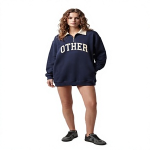 <b>Women's</b> Navy Blue Letter Print Oversized <b>Sweatshirt</b> Turn-down Collar Full Sleeve Preppy Style Autumn Wear - Product Image 1