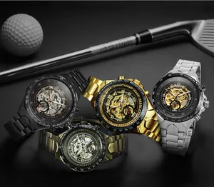 WINNER 432นาฬิกาทองนาฬิกาข้อมือแสดงโครงกระดูกกลอัตโนมัติสีดำย้อนยุคแฟชั่นบุรุษนาฬิกา