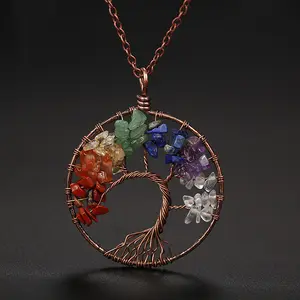 Natural crushed stone crystal tree of life , Colorful natural stone tree necklace manufacturers direct sales